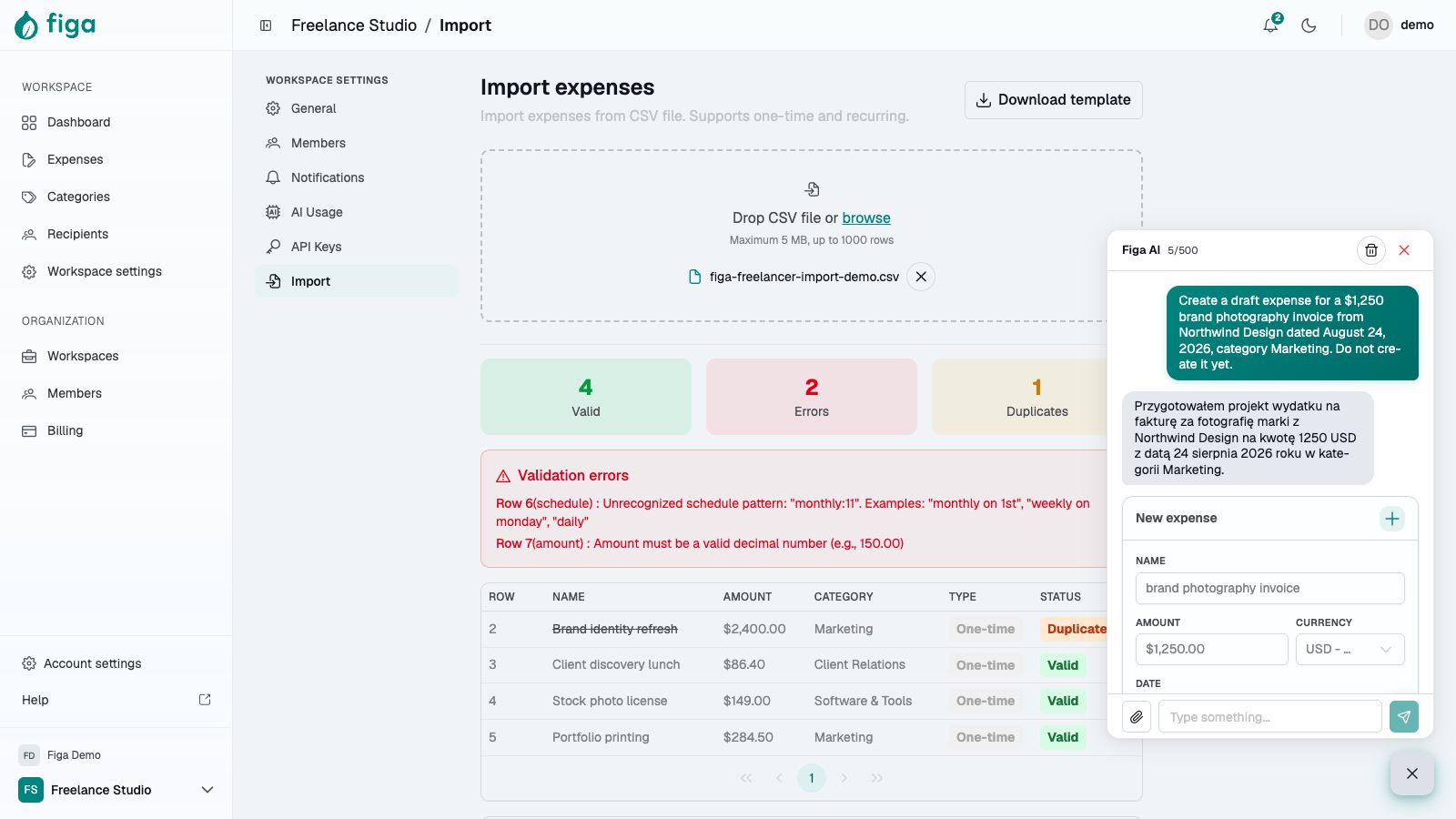 Figa AI expense draft with structured fields and confirmation controls