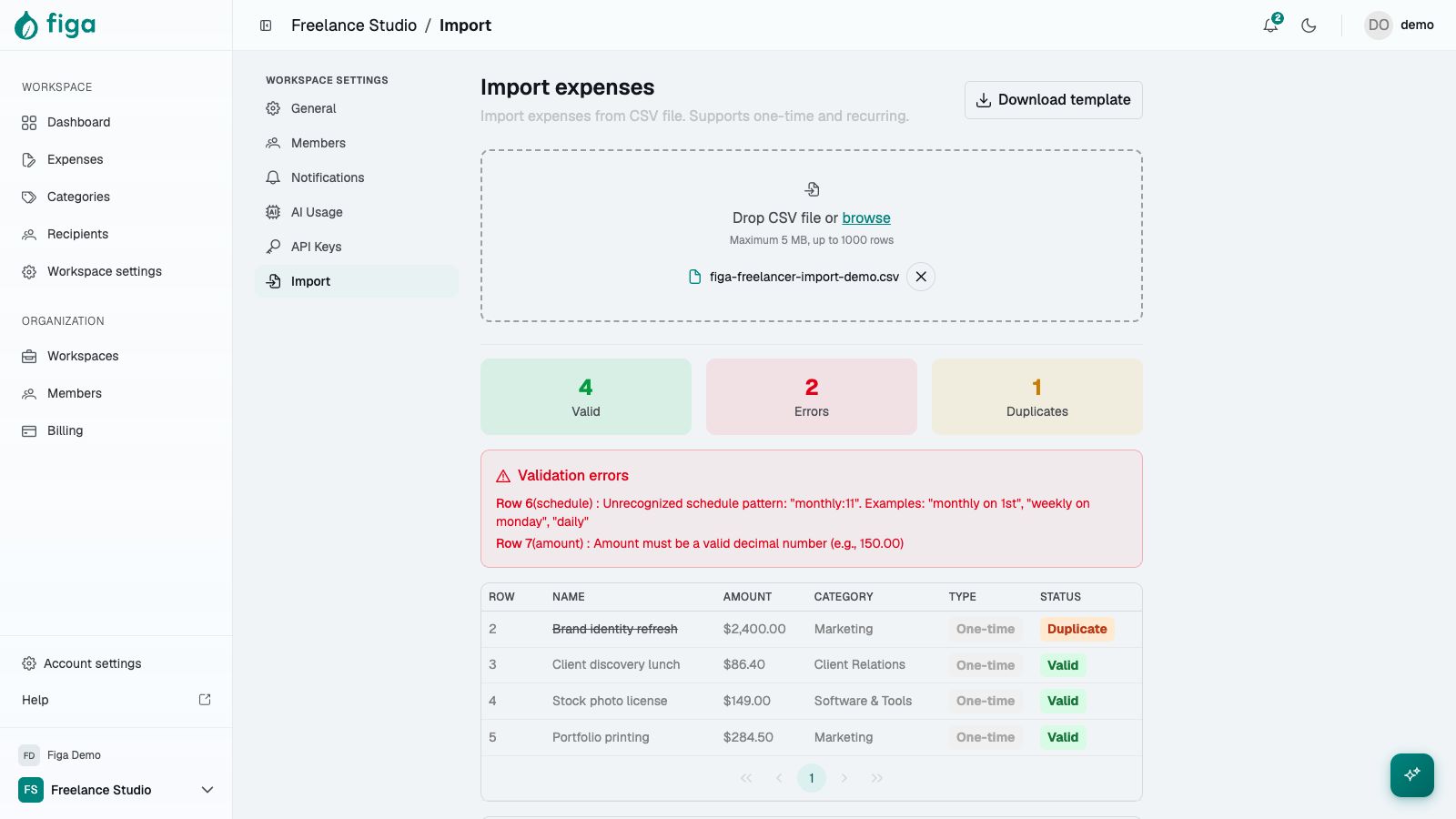 CSV import preview showing valid rows, duplicates, and import options