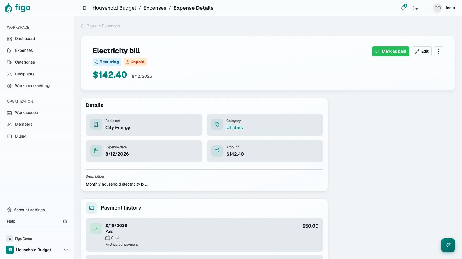 Household electricity bill with two partial payments and remaining balance