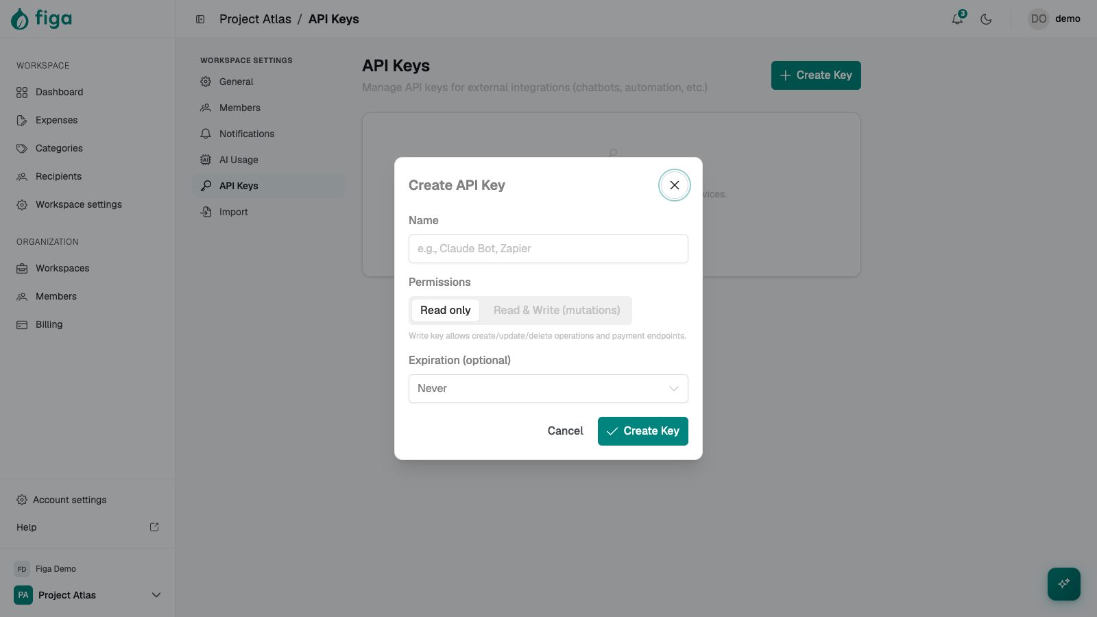 Project workspace API key settings with scoped permissions