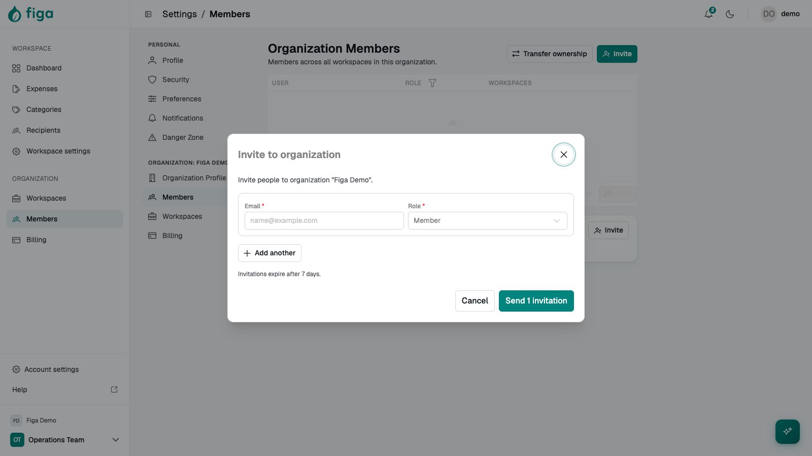 Operations Team members table with workspace role controls